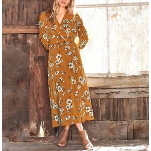 Garnet Hill Long Sleeve Autumn Mustard Floral Wrap Knit Midi Dress Golden